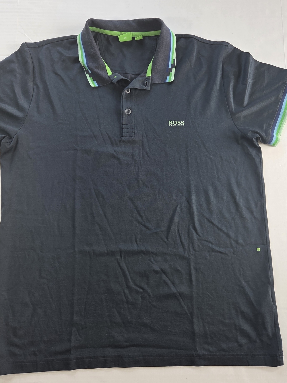 BOSS Men's Navy Polo Shirt with Lime Trim